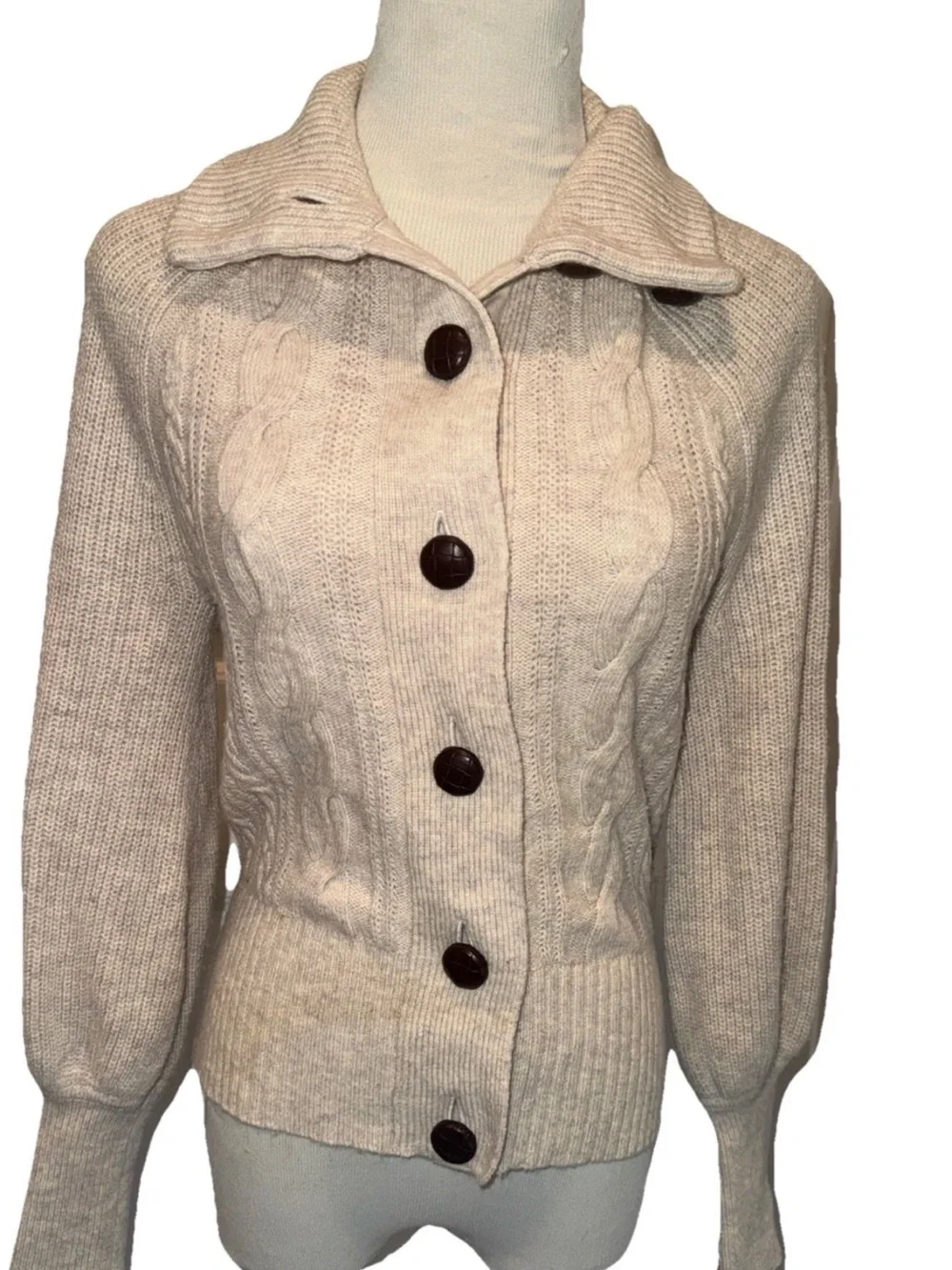 J Crew Balloon Sleeve Cable Knit Cardigan In Heather Oatmeal Beige XXS Lambswool